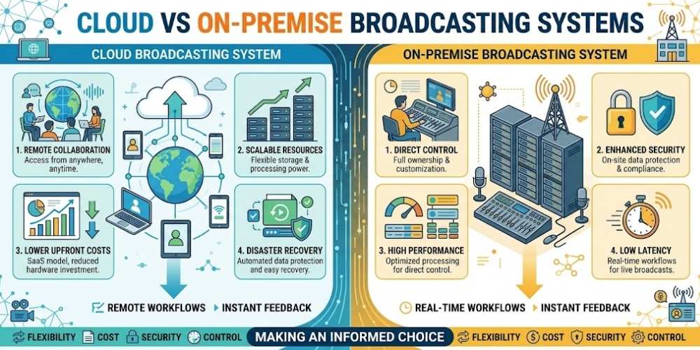 cloud vs on-premise broadcasting professional audio setup